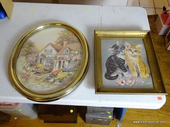 (LR) PICTURES; 2 FRAMED PICTURES- PRINT OF KITTENS IN GOLD FRAME- 14 IN X 17 IN AND AN OVAL HOME AND