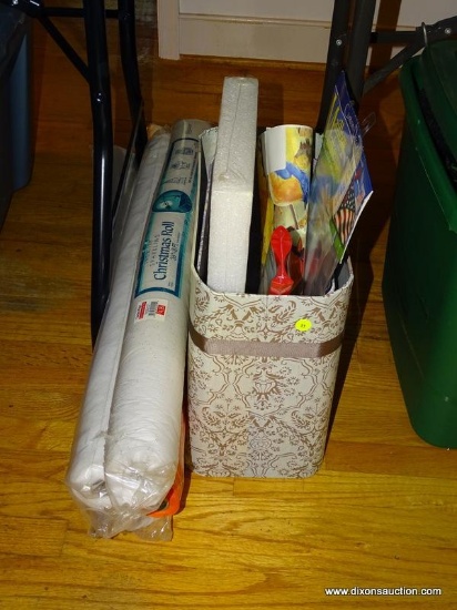 (LR) MISC. LOT; LOT INCLUDES 2 DECORATIVE CARRYING BOXES, GIFT WRAP CUTTER, GARDEN FLAGS, 3 NEW