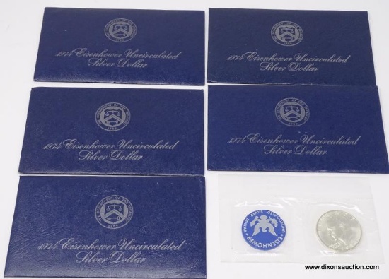 (5) 1974-S 40% UNCIRCULATED IKE SILVER DOLLARS.