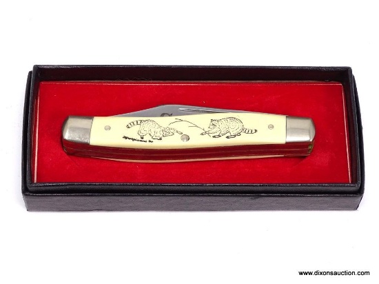 SCHRADE SCRIMSHAW STOCKMANS PATTERN IS A 4" CLOSED , SQUARE BOLSTER PATTERN THAT CONTAINS CLIP, SPEY