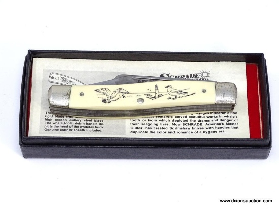 SCHRADE SCRIMSHAW STOCKMANS PATTERN IS A 4" CLOSED , SQUARE BOLSTER PATTERN THAT CONTAINS CLIP, SPEY