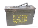 VINTAGE GP&F AMMO BOX FOR 250 CARTRIDGES- .30 CAL LINKED. MARKED 