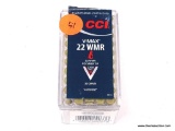 BOX OF (49) CCI V-MAX .22 WMR POLYMER TIP 30 GRAIN CARTRIDGES.