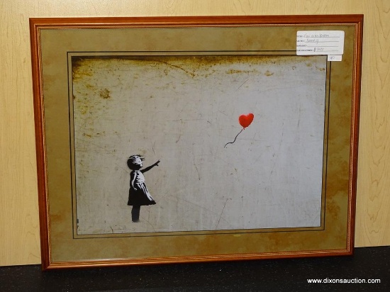 GIRL WITH RED BALLOON BY GRAFFITI ARTIST BANKSY. MEASURES 21 1/2" X 27 1/2".