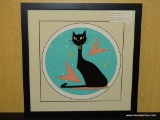 MID CENTURY MODERN ATOMIC CAT ON BLUE PEN SIGNED BY IVY LOWE. MEASURES 21 1/4