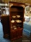 MAHOGANY STAINED 4 SHELF BOOKCASE WITH 2 DOOR STORAGE CABINET. MEASURES APPROX. 30