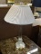 (R4) BRASS & GLASS DESIGNER COLUMN STYLE TABLE LAMP WITH SHADE & GLASS FINIAL. MEASURES APPROX.