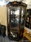 BLACK LAQUER HAND PAINTED SOAPSTONE FIG LIGHTED CORNER CABINET MIRRORED BACK 2 GLASS SHELVES OPENS