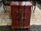 RED LAQUER HAND PAINTED 3 DRAWER SIDE TABLE WITH BUN FEET. MEAUSRES 16 X 21.5 X 30 IN TALL.