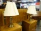 (R4) PAIR OF VINTAGE BRASS TABLE LAMPS, BOTH WITH SHADES & FINIALS.