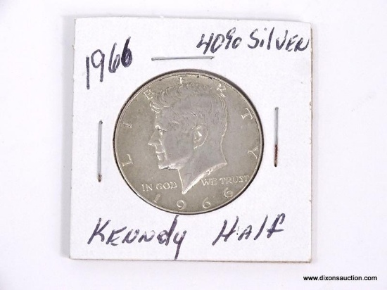 1966 40% SILVER KENNEDY HALF DOLLAR IN PROTECTIVE SLEEVE.