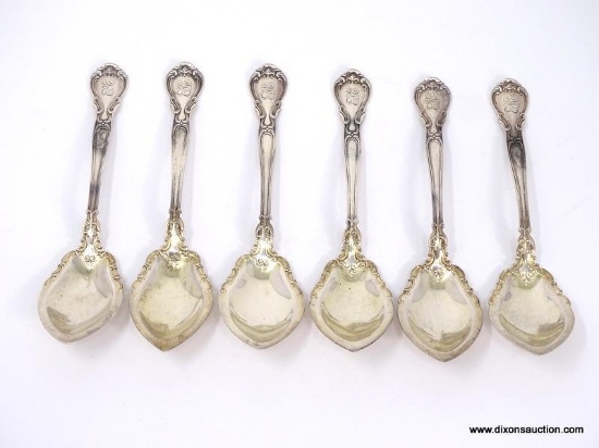 SET OF (6) STERLING SILVER GRAPEFRUIT SPOONS, HALL MARKED WITH LION AND ANCHOR. PAT. 1895. MEASURES