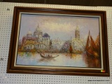 VENICE WATER SCAPE SCENE OIL ON CANVAS IN MAGOHANY FRAME. MEASURES APPROX 41.5
