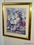 FLORAL STILL LIFE PRINT IN GOLD TONE MATTED FRAME. MEASURES APPROX. 26.5