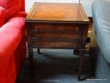 ONE OF A PAIR O FMAHOGANY LEATHER TOP TWO DRAWER SIDE TABLE WITH SHERIDAN LEGS. MEASURES APPROX.