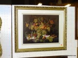 FRUIT STILL LIFE PRINT. DOUBLE MATTED IN A N ORNATE GOLD GILT FRAME. MEASURES APPROX. 37.5