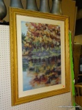 SIGNED FALL LAKE SCENE OIL ON CANVAS. IN AN ORNATE MATTED GOLD GILT FRAME. MEASURES APPROX. 35