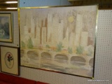 SIGNED MODERN ART OIL ON CANVAS OF A METROPOLITAN CITY IN GOLD METAL FRAME. SIGNED BY ARTIST STEPHEN