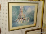 SIGNED PRINT OF KIDS PLAYING AROUND A MAYPOLE. SINGLE MATTED AN FRAMED IN A TWO-TONED FRAME.