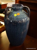 (R3) BLUE SPECKLED GLAZED ART POTTERY VASE WITH THREE HANDLES. MEASURES APPROX. 15