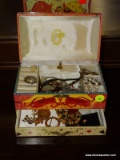 (R3) DECORATIVE MUSIC/JEWELRY BOX WITH COSTUME JEWELRY TO INCLUDE PLAIN WHITE QUARTZ WATCH WITH