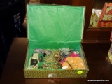 (R3) BOX LOT OF MISC. COSTUME JEWELRY TO INCLUDE MONET SILVERTONE BRACELET, IMITATION PEARLS, MISC.