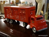 METAL TRUE VALUE HARDWARE CAB WITH LIVESTOCK TRAILER. MEASURES APPROX. 21.5