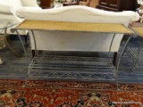 POLISHED SILVER IRON AND WICKER SOFA TABLE. MEASURES APPROX. 48