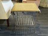 POLISHED SILVER IRON AND WICKER END TABLE. MEASURES APPROX. 20 X 20