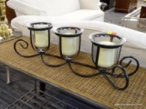 METAL 3 CANDLE CENTERPIECE WITH GLASS CANDLE HOLDERS. MEASURES 25