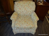 DESIGNER ONE OF A PAIR OF FLORAL UPHOLSTERED WING CHAIRS. PERFECT FOR A BEACH HOUSE.