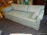 DESIGNER SEAFOAM GREEN 3 CUSHION SOFA WITH ROLLED ARMS. MEASURES APPROX. 82