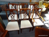 SET OF (6) MAHOGANY SHIELD BACK DINING CHAIRS WITH SHERIDAN LEGS. (2) ARM CHAIRS, AND (4) SIDE
