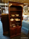 MAHOGANY STAINED 4 SHELF BOOKCASE WITH 2 DOOR STORAGE CABINET. MEASURES APPROX. 30