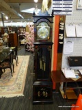 BLACK LAQRUED GRANDFATHER CLOCK WITH HAND PAINTED SOAPSTONE FIGURES. MEASURES 81