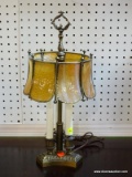 3 CANDLE STICK STYLE LIGHT WITH BRASS BASE AND LEADED GLASS SHADE. 18