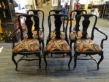 SET OF 6 QUEEN ANN BLACK LAQUER DINING CHAIRS. SET INCLUDE 2 ARM CHAIRS WITH STRETCHER BASE AND 4