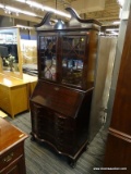 CHIPPENDALE MAHOGANY BALL AND CLAW SERPENTINE FRONT DESK WITH BOOKCASE TOP AND 4 LOWER DRAWERS.