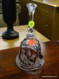 (R4) BLEIKRISTALL LEAD CRYSTAL RUBY CUT TO CLEAR BELL WITH BIRD AND LEAF DESIGN. HAS ORIGINAL