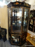 BLACK LAQUER HAND PAINTED SOAPSTONE FIG LIGHTED CORNER CABINET MIRRORED BACK 2 GLASS SHELVES OPENS