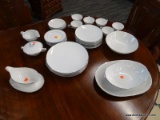 (R4) 35 PIECES OF NORITAKE COLONY 5932 CHINA SET. PLAIN WHITE PORCELAIN WITH SILVER TRIM. INCLUDES