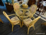 (R4) 5 PC. RATTAN KITCHEN TABLE SET. COMES WITH ROUND GLASS TOP SUPPORTED BY CENTER RATTAN BASE &