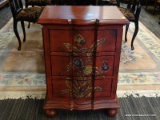 RED LAQUER HAND PAINTED 3 DRAWER SIDE TABLE WITH BUN FEET. MEAUSRES 16 X 21.5 X 30 IN TALL.