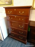 (R4) TRADITIONAL CHERRY STAINED FIVE DRAWER TALL CHEST WITH DOUBLE BRASS PULLS & IMITATION. KEY