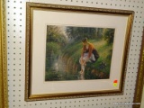 (R4) CAMILLE PISSARRO PRINT ON BOARD DEPICTING A WOMAN BATHING HER FEET IN A BROOK DATED. DOUBLE