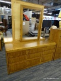 (R4) HUNTLEY BY THOMASVILLE OAK FINISHED EIGHT DRAWER DRESSER WITH MIRROR. DRAWERS ARE DOVE-TAILED.