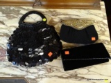 3 LADIES HANDBAGS TO INCLUDE HANDLED PURSE WITH TASSELS, A CLUTCH WITH RHINESTONES, AND A GOLD TONED