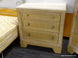 ONE OF A PAIR 3 DRAWER WHITE WASH MARBLE TOP SIDE TABLE. MEASURES 34 X 20 X 35