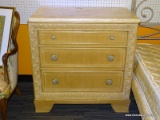 ONE OF A PAIR 3 DRAWER WHITE WASH MARBLE TOP SIDE TABLE. MEASURES 34 X 20 X 35