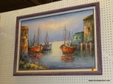 OIL CANVAS BAY SCENE PAINTING IN RUSTIC FRAME. MEASURES APPROX 40 X 30